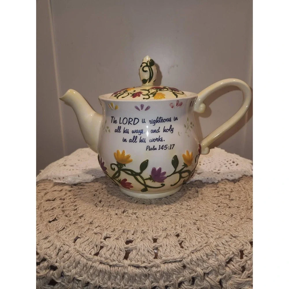 Psalm 145:17 Religious Floral Ceramic Teapot Cream Scripture Tea Pot